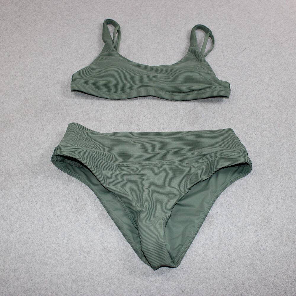 Prana Bikini Set Women Small Top Medium Bottom Green Ribbed High Waist Swim Hike